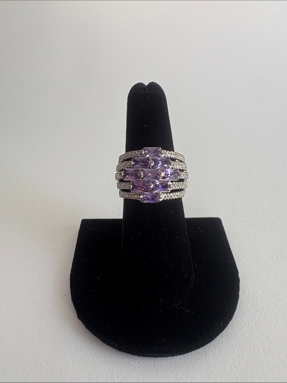 Purple Amethyst Cocktail Ring 9 Baguette Stones Size 7 Silver